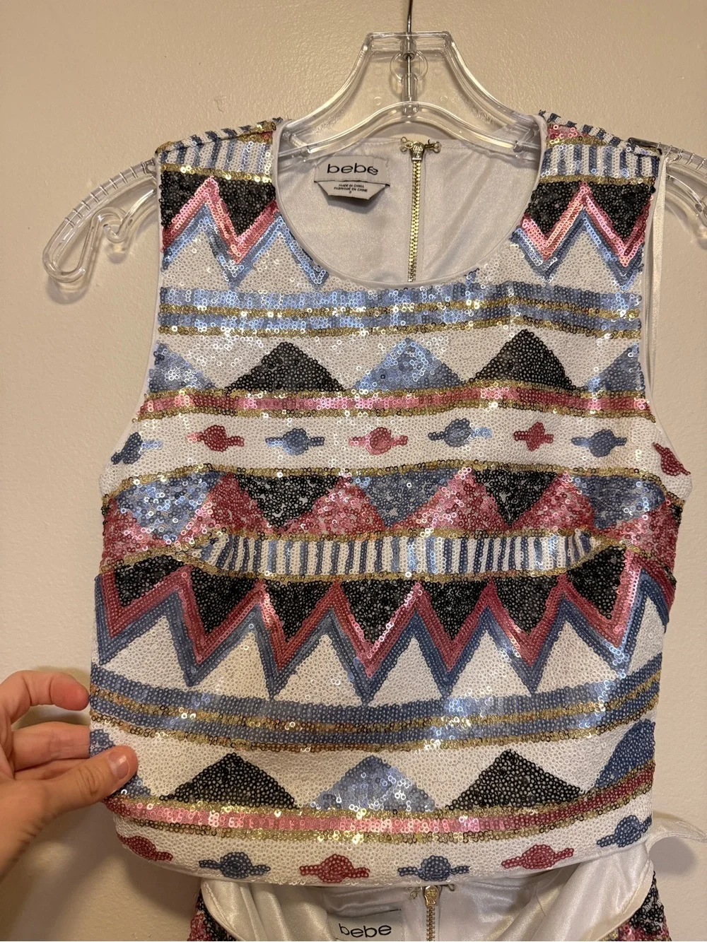 bebe Multicolor Geometric Crop Top & Mini Skirt Set - White, Blue, Red, Black